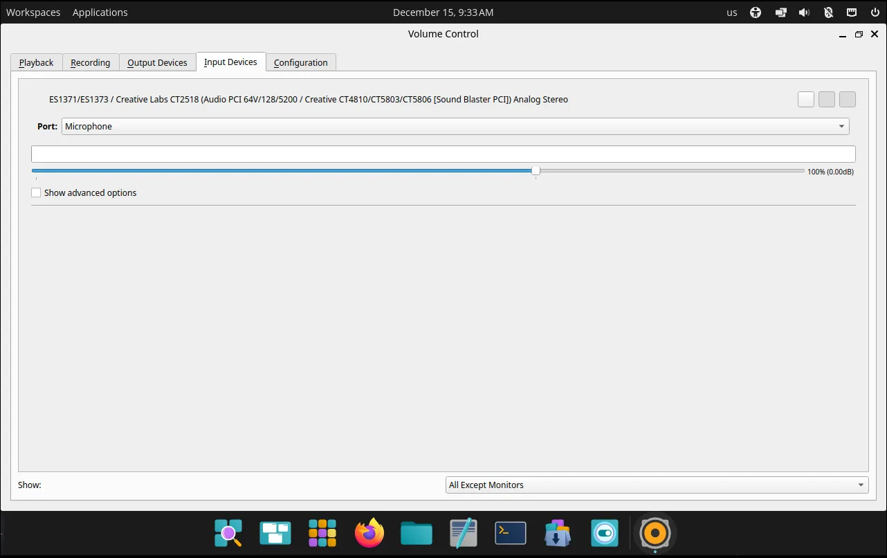 Input devices tab in PulseAudio Volume Control