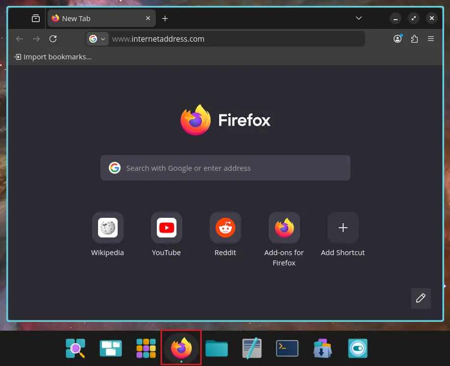 Firefox Web Browser accessible by clicking the fox icon in the dock