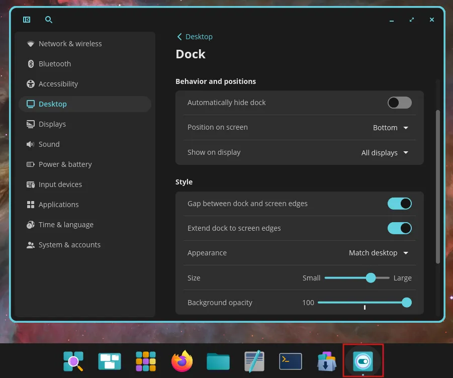 COSMIC Settings accessible by clicking the button toggle icon
