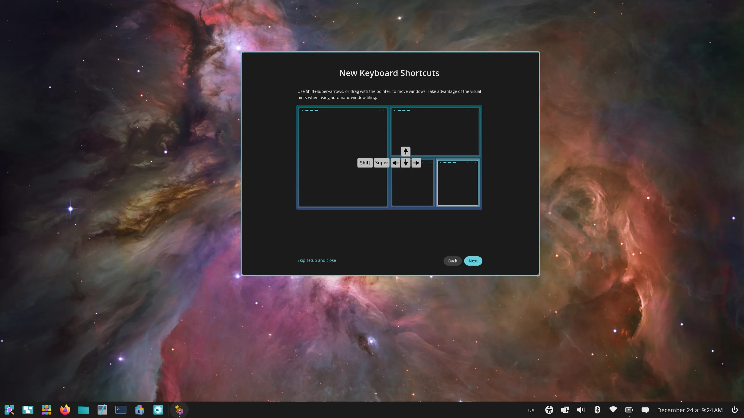 “New Keyboard Shortcuts” explains new shortcuts like Shift+Super+arrows or drag with the pointer to move windows, and mentions the visual hints when using automatic window tiling.