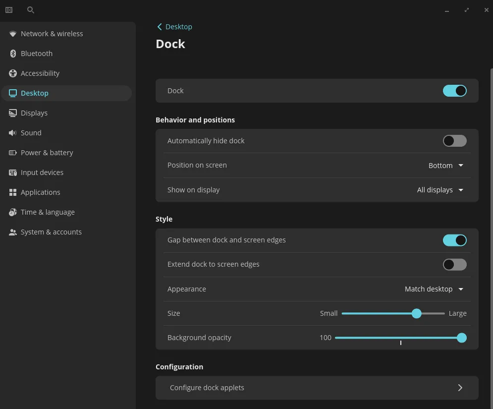Pop 24.04 COSMIC Dock Settings