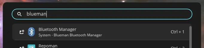 Searching for blueman in the launcher