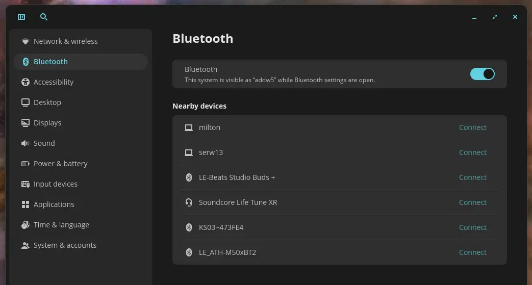 Available Bluetooth devices in the Settings app