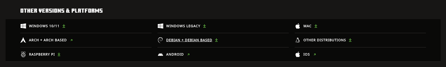 Minecraft download page listing multiple versions
